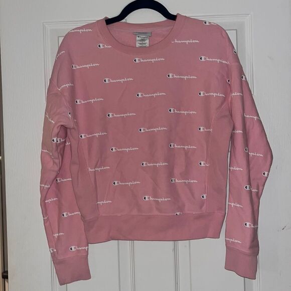 Champion Women Crewneck Sweatshirt Logo All Over Script Print Pink Size small - Picture 1 of 6